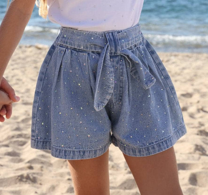 Model Wearing Lola And The Boys Sparkle Bow Denim Short