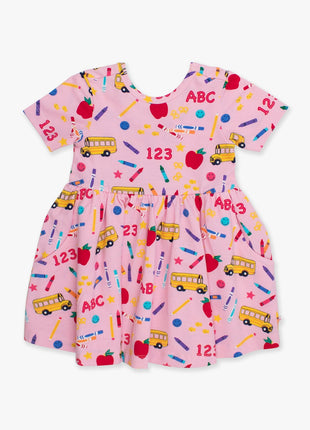 Rufflebutts + Ruggedbutts Girls Pink School House Short Sleeve Knit Twirl Dress - Front