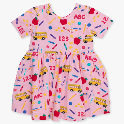 Rufflebutts + Ruggedbutts Girls Pink School House Short Sleeve Knit Twirl Dress - Front
