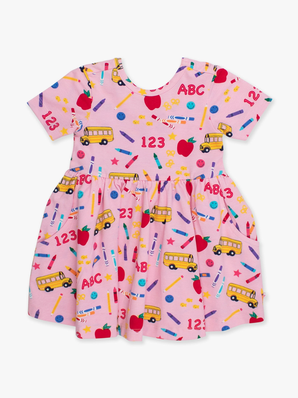 Rufflebutts + Ruggedbutts Girls Pink School House Short Sleeve Knit Twirl Dress - Front