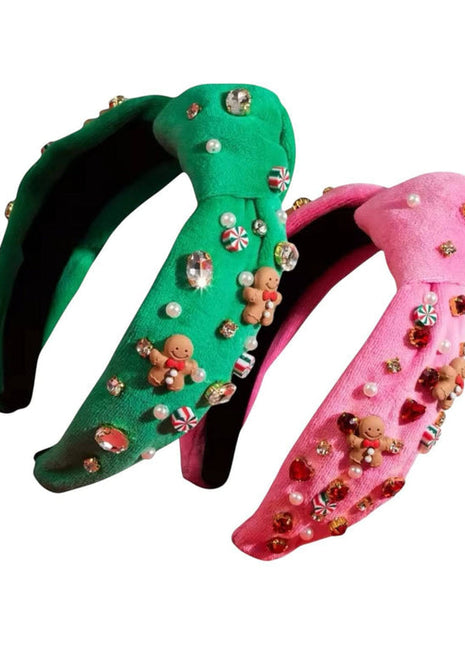 Lola And The Boys Gingerbread and Pearl Decor Headband - Pink & Green