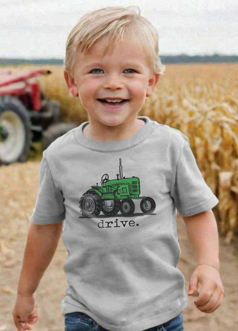 Model Wearing Barefoot Baby "Drive" Green Tractor Farm Boy Country Western Apparel Kids