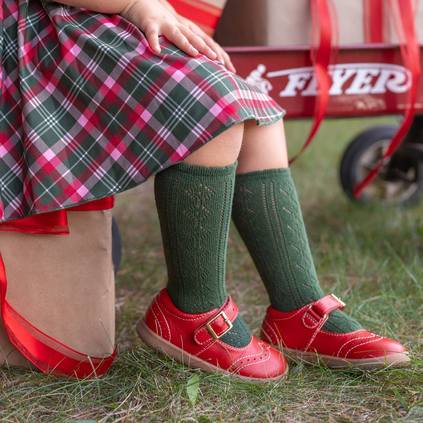 Model Wearing Little Stocking Co. Scalloped Fancy Knee High Socks - Forest