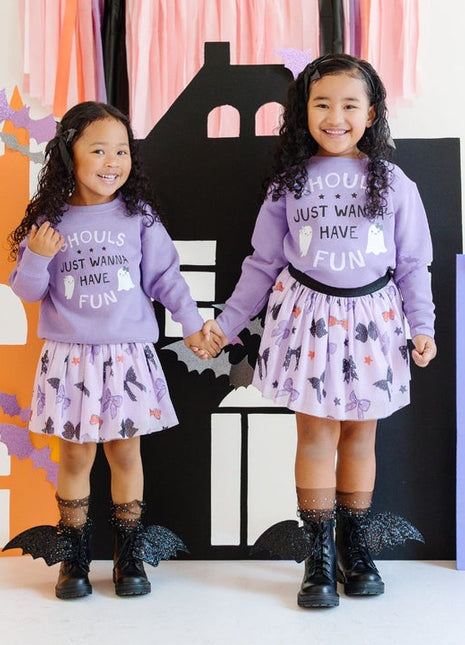 Model Wearing Sweet Winks Spooky Bows Halloween Tutu and Ghouls Just Wanna Have Fun Halloween Sweatshirt - Lavender