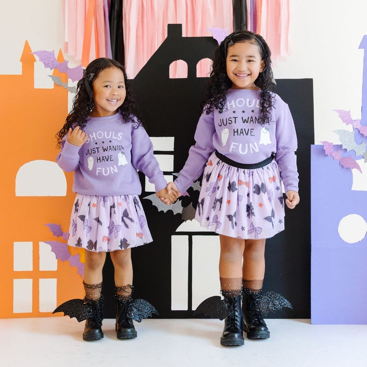 Model Wearing Sweet Winks Spooky Bows Halloween Tutu and Ghouls Just Wanna Have Fun Halloween Sweatshirt - Lavender