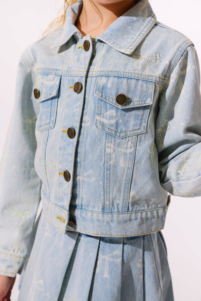 Model Wearing Lola And The Boys Sparkle Bows Denim Jacket