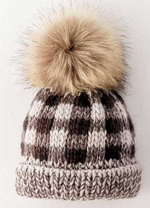 Grey Buffalo Check Pom Pom Beanie Hat