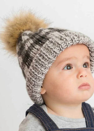 Grey Buffalo Check Pom Pom Beanie Hat
